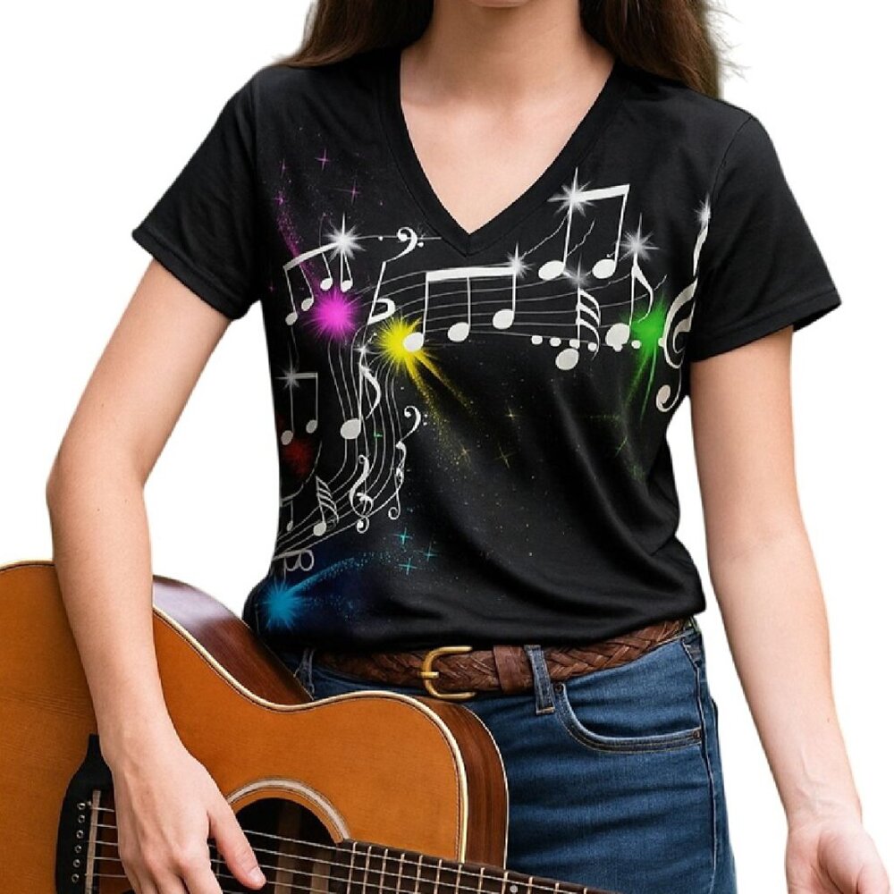 Womens Music Notes Graphic Tee Size XXL Black Rainbow Print V Neck Shirt Top
